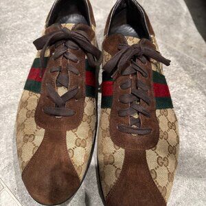 The Gucci GG Monogram Canvas and Brown Suede Lace Up Sneakers with Red & Green S